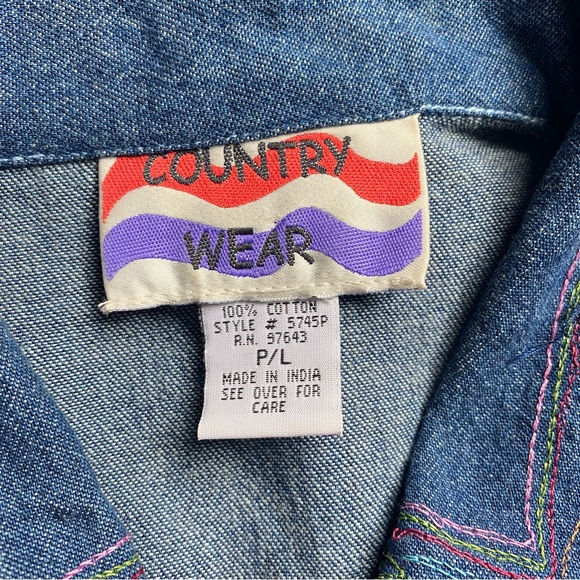 COUNTRY WEAR Vintage Denim Beaded Short Sleeve Shacket Pink Floral Large Petite - Picture 14 of 16